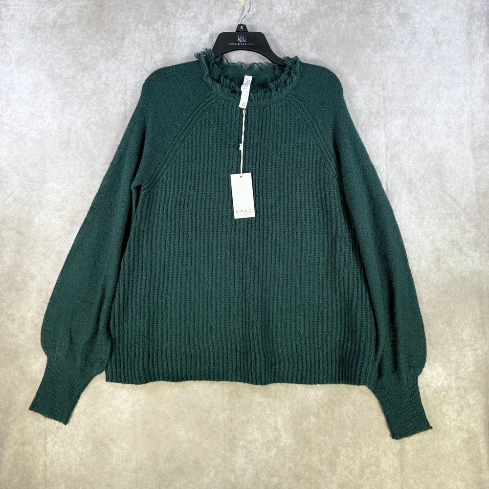AMADI Ribbed Knit Sweater Womens Medium Green Frayed Neck Wool Mohair Boho Cozy